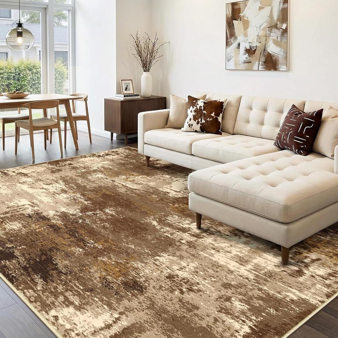 Washable Area Rugs 8'x10' Non-Slip Modern Abstract Soft for Living Room Entryway Bedroom Nursery, Print Pattern, Brown Tan Beige Coffee