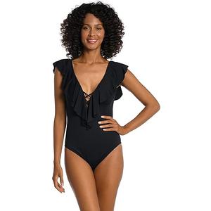 La Blanca Women's One Piece Swimsuit Over The Shoulder Ruffle Sleeve Tummy Control Island Goddess Bathing Suit, Size 8