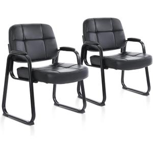 CLATINA Big & Tall Waiting Room Guest Chair with Bonded Leather Padded Arm Rest and Sled Base for Office Reception Lobby and Conference Desk, Black(2 Pack)