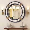 Vercraft Nautical Coastal Mirror 24 Wall Decor with Rope Wrapped Trim and Hanging Loop Round Circle Nursery Mirror Nautical Boho Rustic Decorative for Living Room, Bedroom Blue and White
