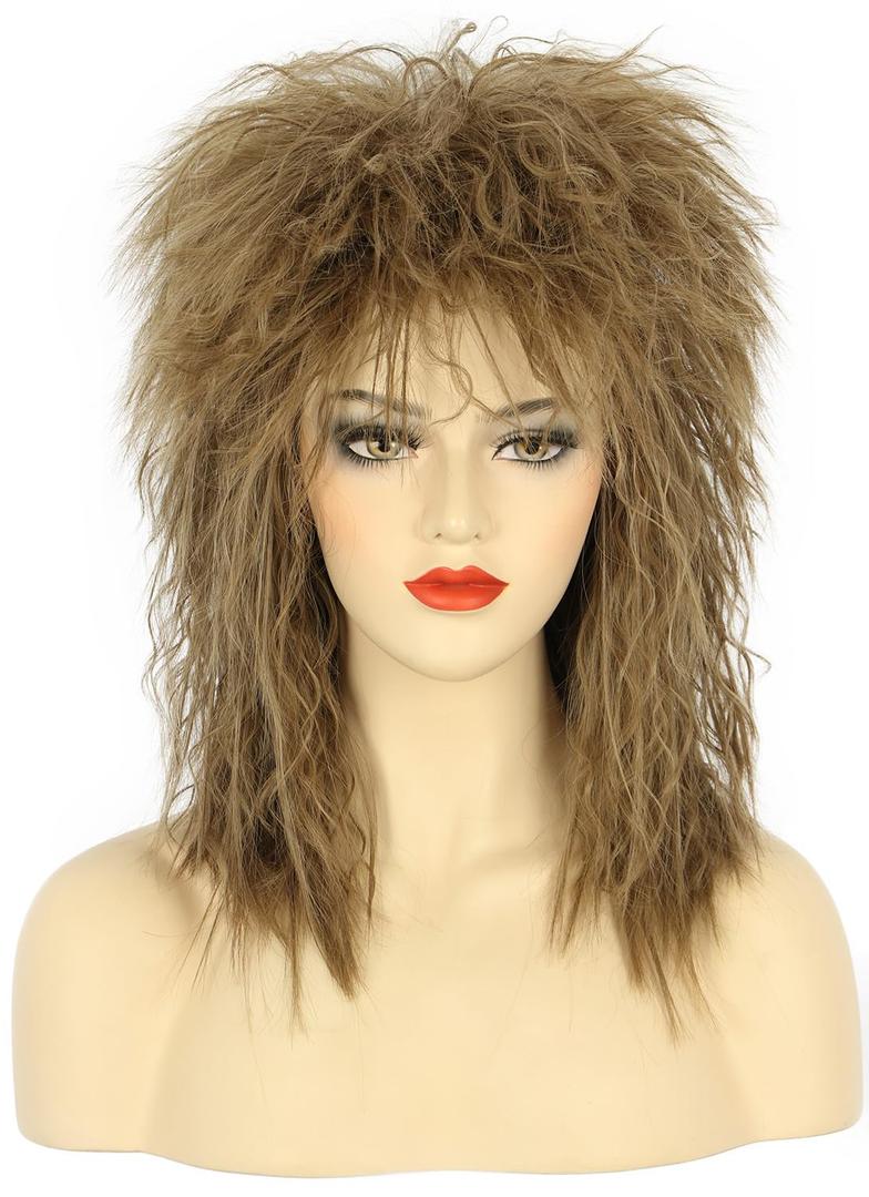 karlery Women Men Long Curly Light Brown Wig 70s 80s Rocker Mullet Costume Wig Halloween Cosplay Party Wig