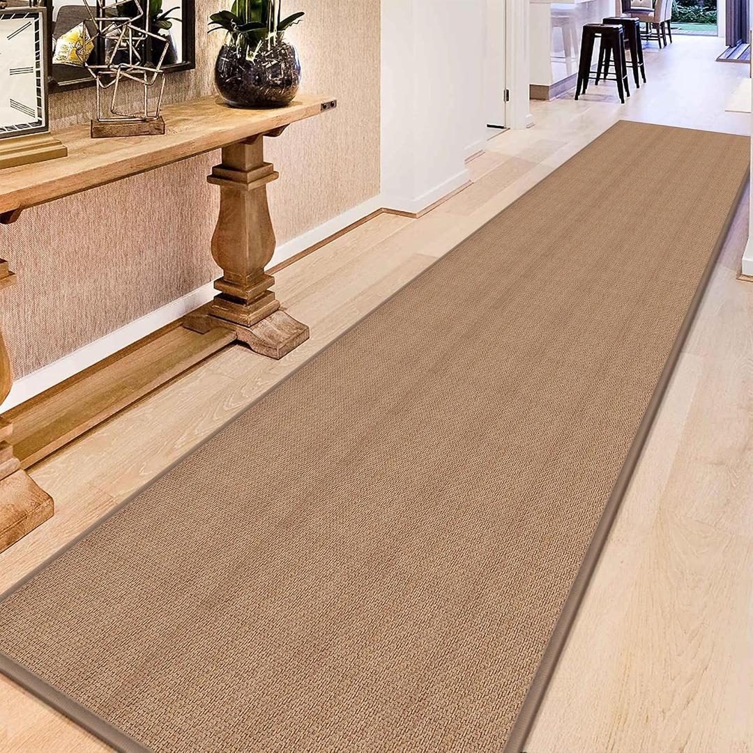 12ft Natural Jute Hallway Runner Rug Non Slip Washable, Rubber Backed Long Indoor Entryway Runner, Absorbent Kitchen Carpet Sink Rug, Camel