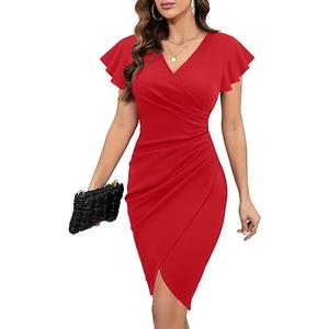 Machico 2026 Women's Sexy V Neck Ruffle Sleeve Faux Wrap Ruched Bodycon Sheath Cocktail Party Work Dress, L