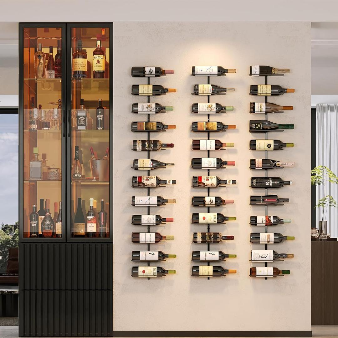 36 Bottle Wall Mounted Wine Rack, Modular Hanging Wine Rack for DIY Display, Detachable 3 Pack Wine Bottle Holder, Black Metal Storage Rack for Bar, Kitchen, Cellar, Restaurant