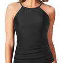 Tempt Me Women's Black Tankini Top - High Neck Swimsuit Top with Tummy Control & Ruched Design, Size: M