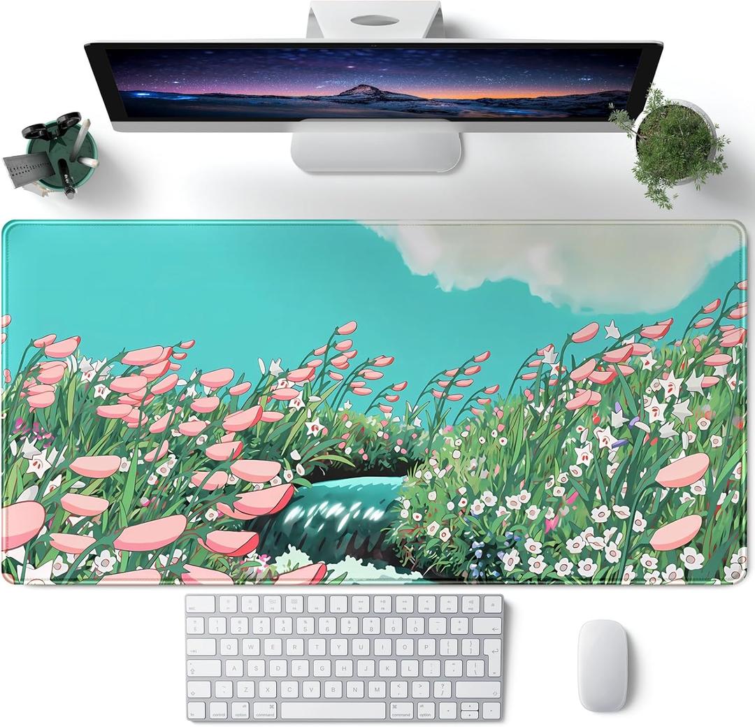 Cute Anime Floral Desk Mat Sage Green Large Mouse Pad XL Gaming Mousepad Kawaii Desk Keyboard Pad Laptop Computer Mouse Mat Cute Desk Decor Desk Pads On Top of Desks for Desktop 31.5''X 15.7''