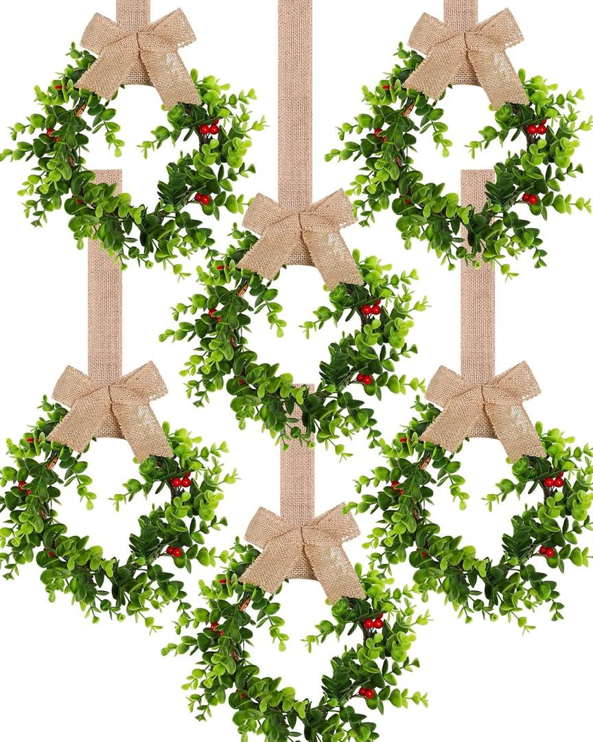 6 Pcs Christmas Kitchen Cabinet Wreaths with Ribbon Small Mini Christmas Wreath for Window Door Chair Wall Xmas Decoration(Rustic)
