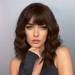 ENTRANCED STYLES Dark Brown Short Wavy Wig With Bangs Brown Wigs for Women 14inch Shoulder Length Bob Curly Wavy Wig Natural Wavy Synthetic Heat Resistant Fiber Hair for Daily Party Halloween Use