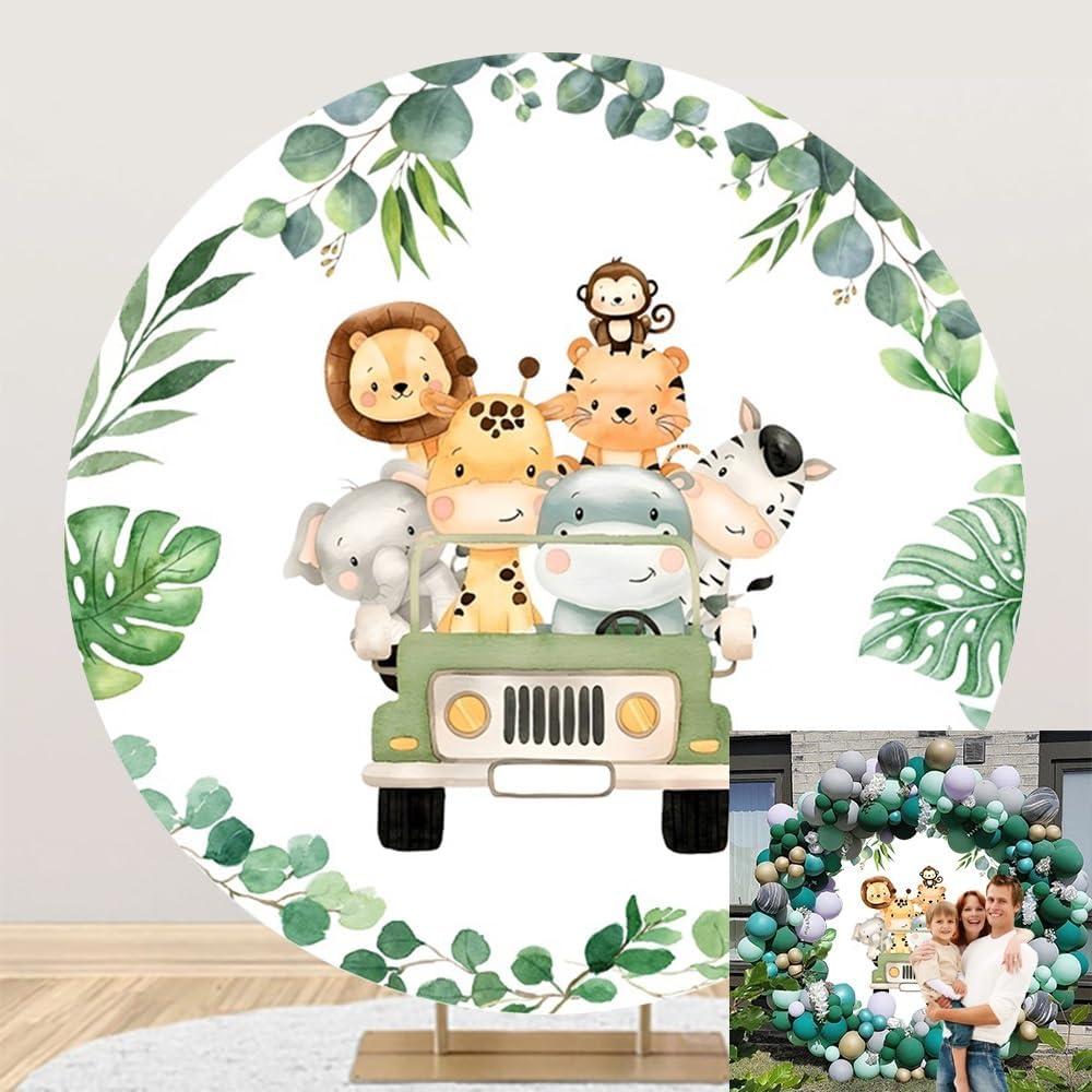 OERJU Safari Round Backdrop Cover Jungle Safari Baby Shower Round Backdrop Safari Animals Truck Theme Birthday Baby Shower Party Decoration Photography Background Kids Boy Arch Photo Booth Props 7.2ft
