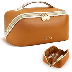 Prite Makeup Bag for Women Travel Waterproof Vegan Leather Cosmetic Bag Open Flat Toiletry Bag With Clear Divider and Handle (Brown)