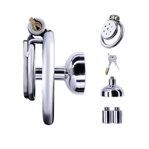 Inverted Chastity Cage Made of Stainless Steel Male Cock Cage with Urinal Tray and Catheter Penis Cage is Waterproof and Breathable Flat Chastity Device with Lock for Men's Penis Restraints (1.77in,C)