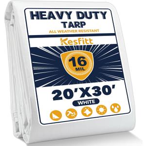 Kesfitt 16 Mil Heavy Duty Waterproof White Tarp, 20x30 ft, 100% Virgin Polyethylene, Reinforced Grommets, UV Resistant Outdoor Tarp for Storm Protection, Equipment Cover & Backyard Use