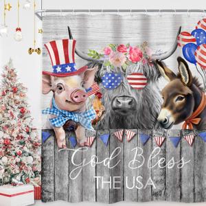 Newsely 4th of July Shower Curtain 60Wx72H Inch Independence Day Patriotic Farmhouse Highland Cow Animals Rustic Bathroom Set Donkey Chicken Pig Waterproof Bath Decoration Accessories Home Decor