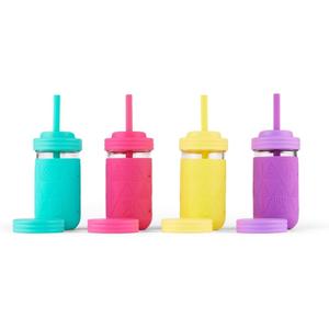 Elk and Friends Kids + Toddler Glass Cups | The Original 12oz Glass Mason Jar with Sleeves + Lids | Silicone Straws + Stopper | Smoothie Cup | Food Storage | Spill Resistant | Dishwasher Safe | 4 Pack, 21 Piece Set