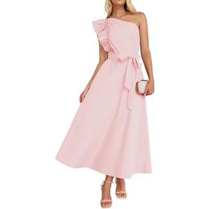 ZESICA Women's 2025 Summer One Shoulder Ruffle Dress Sleeveless Empire Waist Boho Flowy Maxi Dresses Medium
