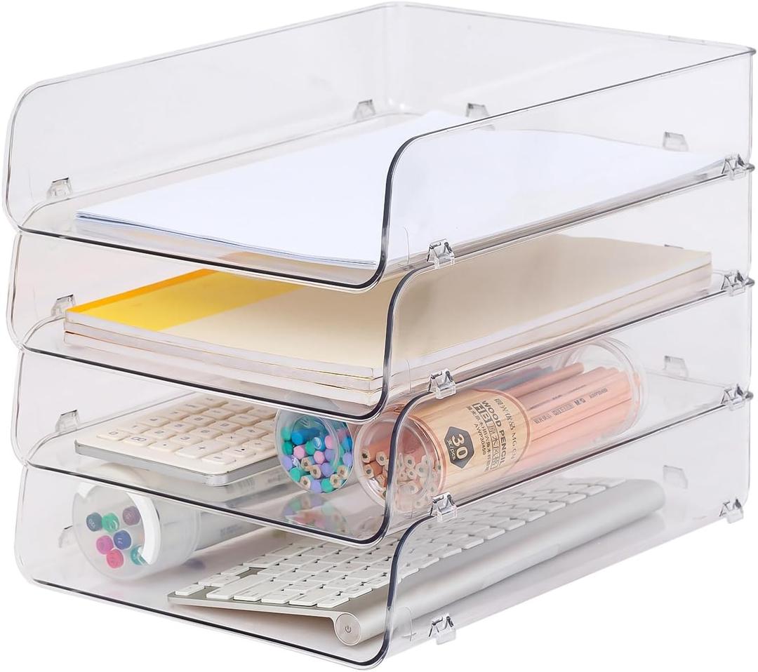 Gagee 4 Pack Paper Organizer for Desk,Clear Stackable Paper Sray Holder, Office Desk Organizer for Notes, Pens, File, Document