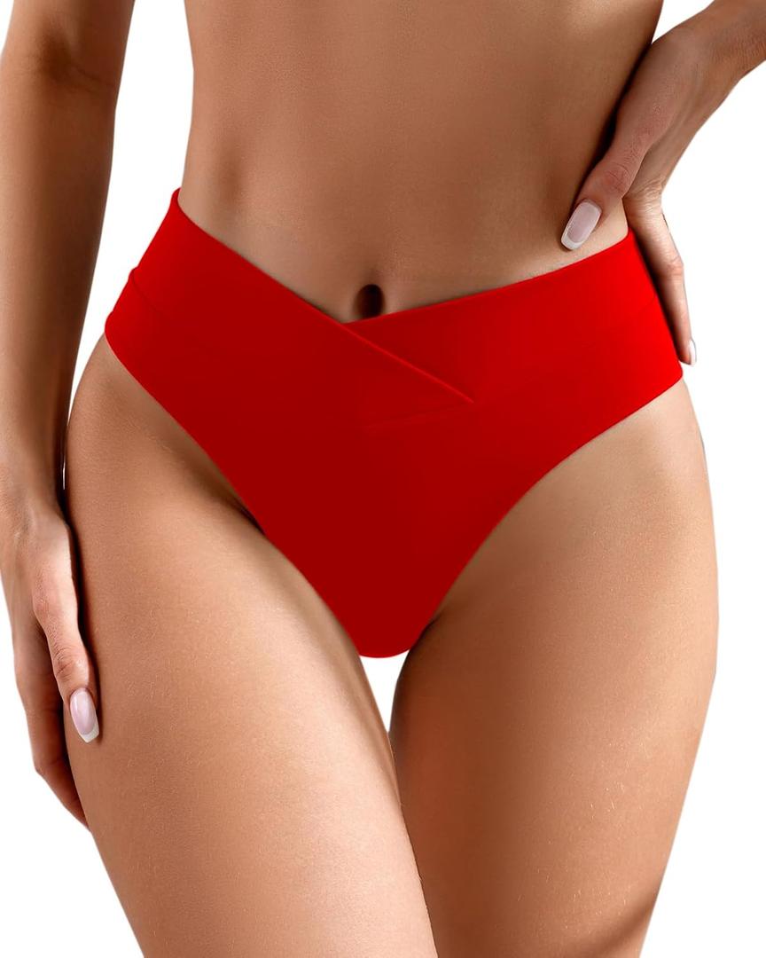 Women's V Cut High Waisted Brazilian Cheeky Thong Bikini Swimsuit Bottoms (Red, L)