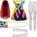 nezababy 5PCS Kids Sally Costume Girls Christmas Sally Dress Wig Bag Tights Gloves Cosplay Accessories for Halloween Party (Large/7-8 Years)