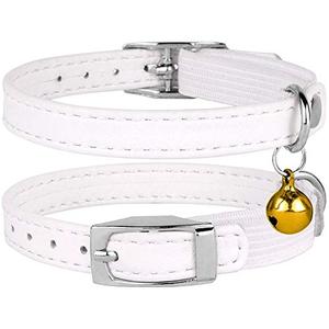 CollarDirect Leather Cat Collar, Cat Safety Collar with Elastic Strap, Kitten Collar for Cat with Bell Black Blue Red Orange Lime Green (8-11 Inch, White)