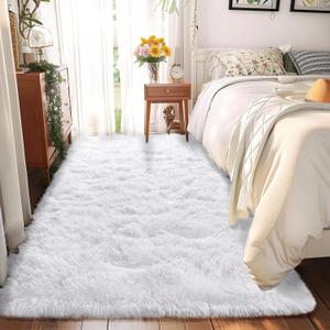 2x6 Fluffy Area Rug - Soft Shag Runner Rug for Bedroom - Non Slip Runner Living Room Rug Plush Carpet Runner White