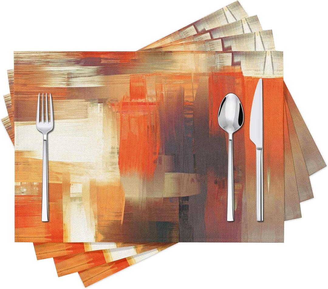 Modern Art Placemats Set of 4 Orange Abstract Painting Place Mats Washable Linen Placemat for Kitchen Dining Table Home Party Decor 18x12 Inches