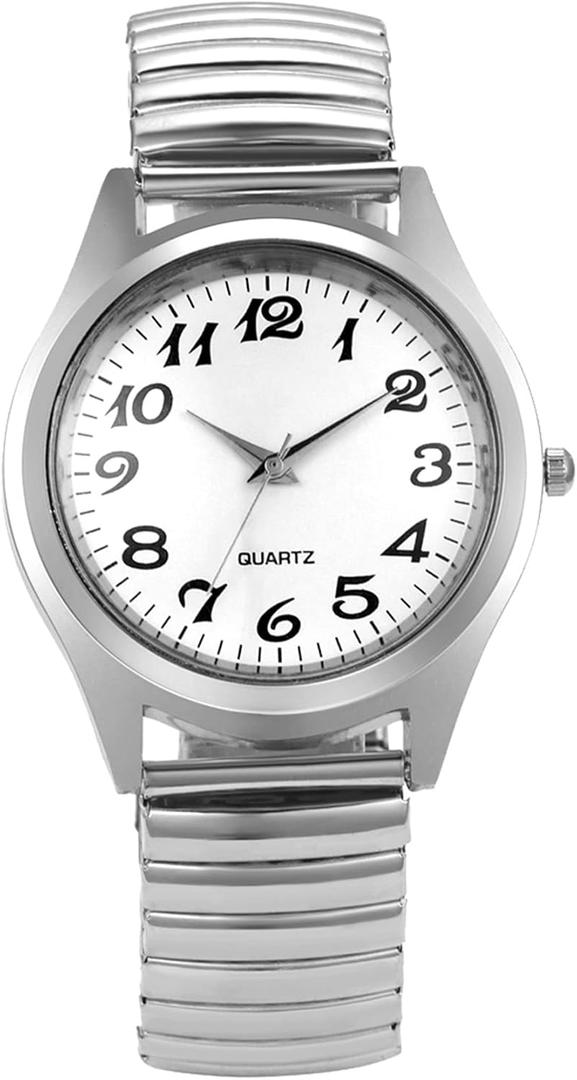 Lancardo Men's Elastic Band Watch: Analog Quartz Round Face Stretch Band Easy to Read Silver Gold Tone Wrist Watch Father's Day