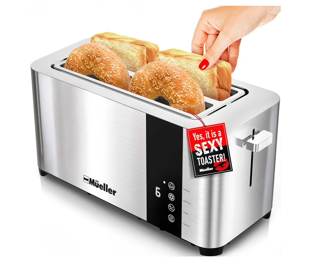 Mueller UltraToast Full Stainless Steel Toaster 4 Slice, Long Extra-Wide Slots for Bagels and Waffles, 6 Browning Levels, LED Display, Cancel/Defrost/Reheat Functions & Removable Tray, Kitchen Gadgets