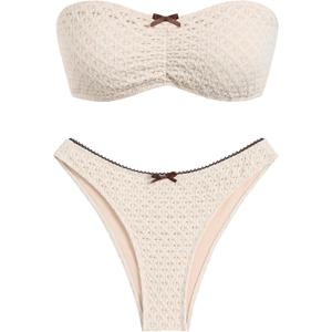 ZAFUL Women's Strapless Bikini Openwork Textured Bow Ruched Lace Up High Cut Bandeau Swimsuit Bathing Suits (0-a-beige, Small)