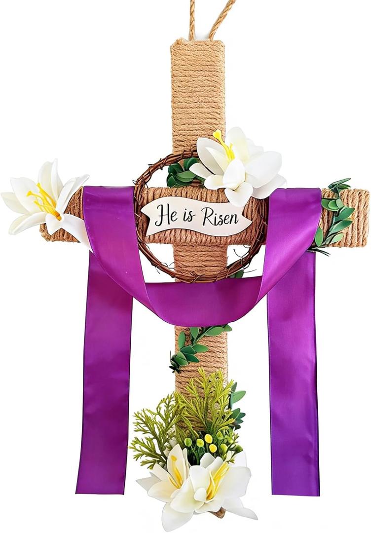 2 x Easter Wreaths for Front Door - He is Risen Wooden Cross Wreath with Hanging Flowers Christian Hanging Signs Decor for Lent Holy Week Spring Home Farmhouse Porch Church Wall