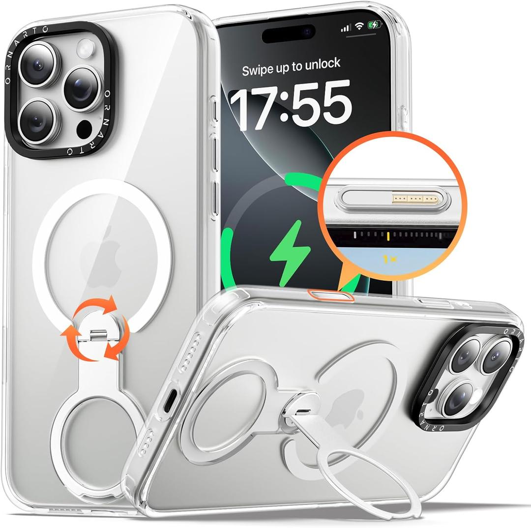ORNARTO Loop360 for iPhone 16 Pro Max Case, Compatible with MagSafe and Camera Control, High-Transparency Phone Cover with 360 Rotating Stand, Military-Grade Protection, Clear
