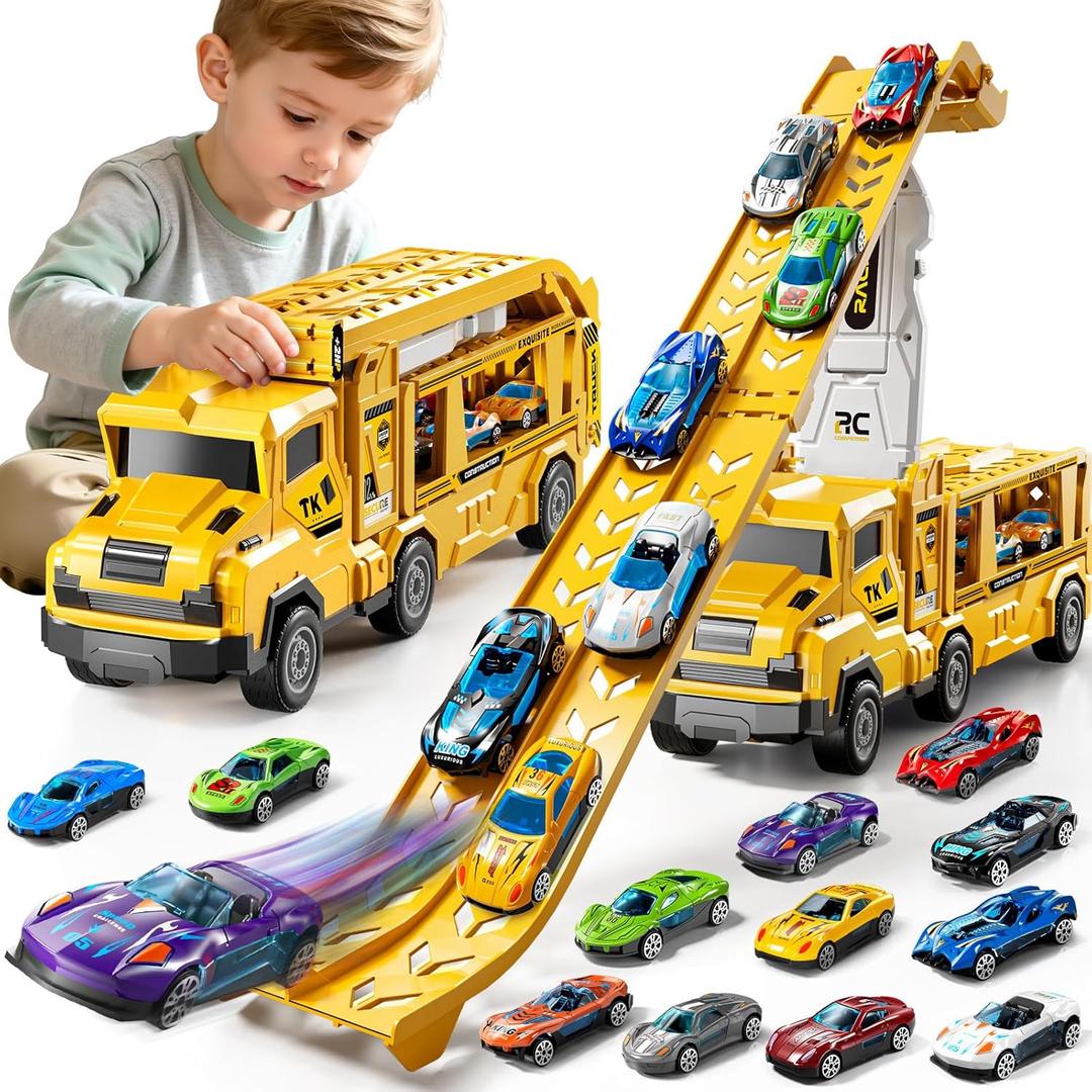 3-in-1 Kid Carrier Truck Toy Car Tracks for Toddlers 2-4 Years Old with 12 Racing Cars Toys, Foldable Chasing Race Track and Car Garage, Car Ramps Birthday Gift for Boys Girls 3-5 4-8(Yellow)