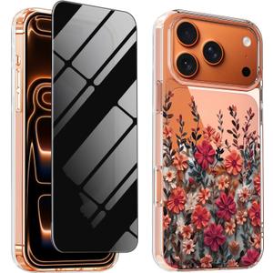 for iPhone 17 Pro Cute Case Floral with Privacy Screen Protector, [Camera Protectors][Not Yellowing] Shockproof Protective Clear Flower Phone Case for 17Pro 6.3'' Womans Girly