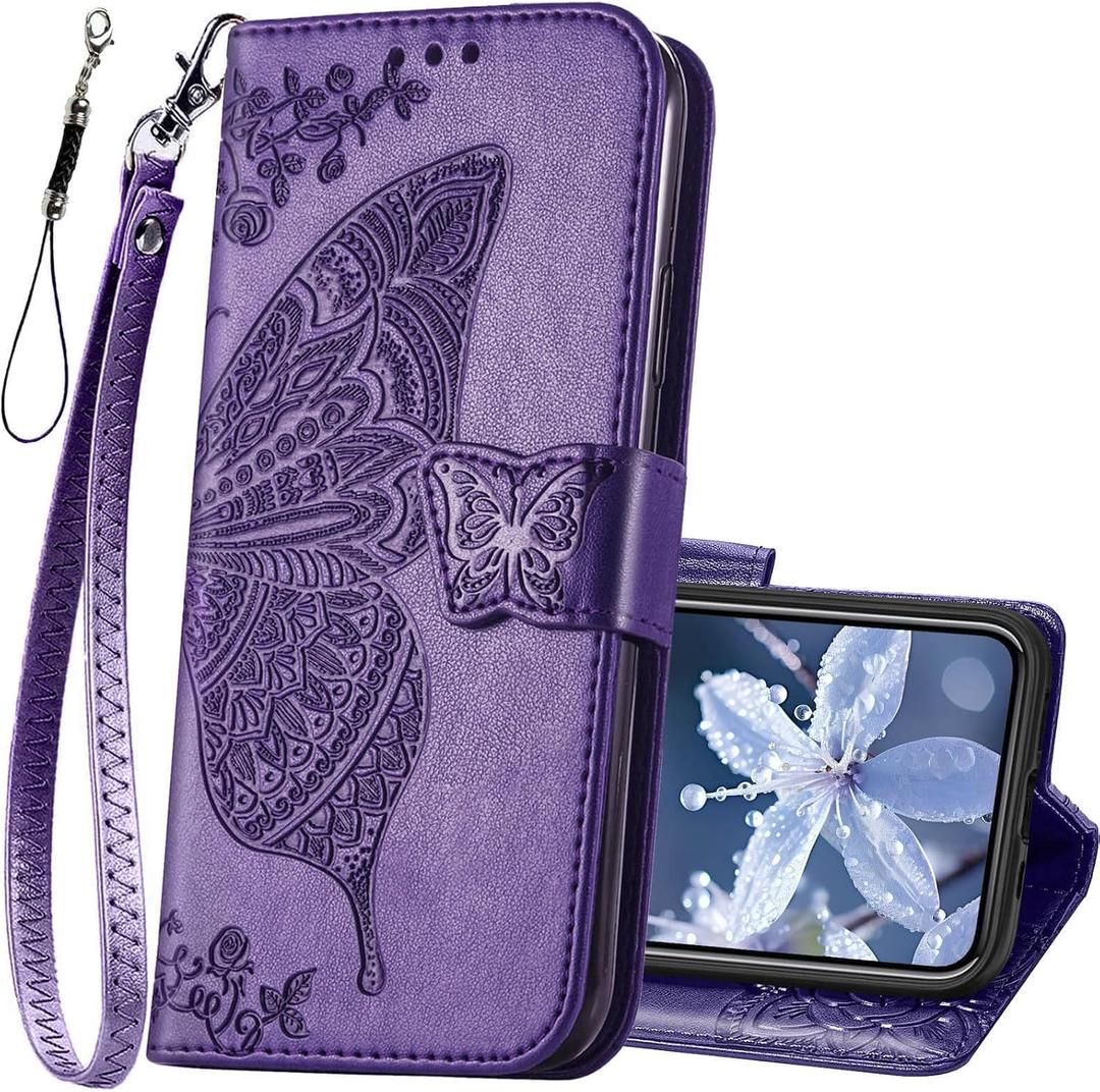 For iPhone 12 Pro/iPhone 12 Wallet Case,Women Flip Folio Cover with Butterfly Embossed PU Leather Kickstand Credit Card Holder Slots Wrist Strap for iPhone 12/12 Pro 6.1 inch (Purple)