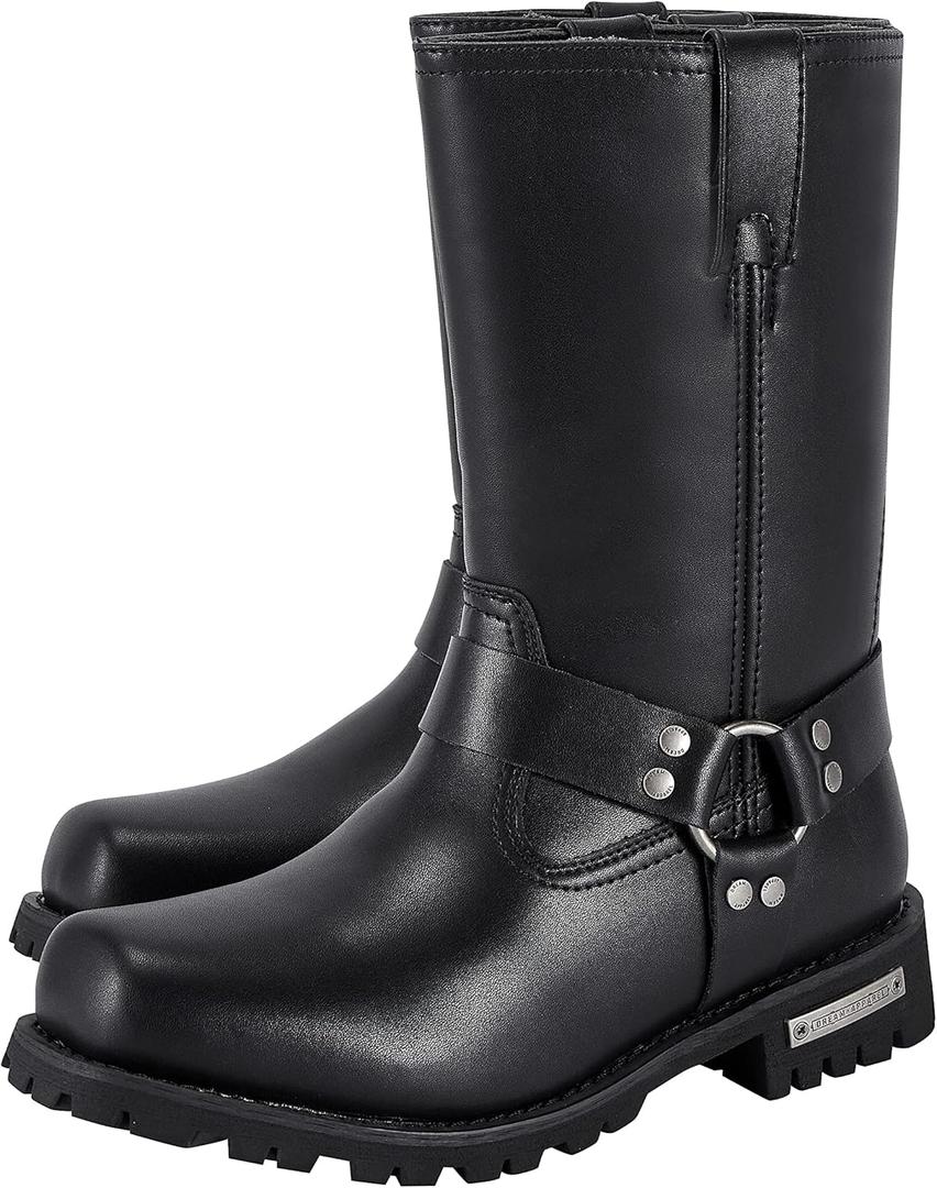 GARGOYLE BELLS Mens Harness Straps Motorcycle Leather Boots Black Waterproof Biker Boots For Men- Low Heel Riding Boots (9, No Zipper)