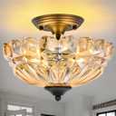 Dalouguan Semi Flush Mount Ceiling Light, 3-Light Kitchen Ceiling Lighting Fixtures with Amber Glass Lampshade, Gold Modern Chandelier for Living Room Bedroom Hallway