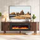 70" Mid Century Modern TV Stand with Fireplace, Fluted Fireplace TV Stand, Entertainment Center with Sliding Door, TV Console with Solid Wood Legs for Living Room, Walnut