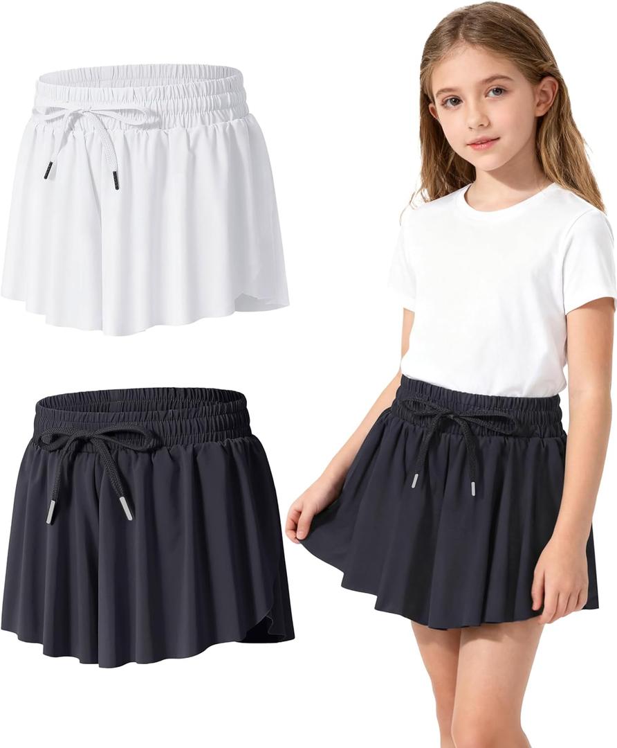 2-3 Pack Girls Flowy Butterfly Shorts with Pockets Liner 2 in 1 Skirt for Fitness, Athletic Running Sports (White)