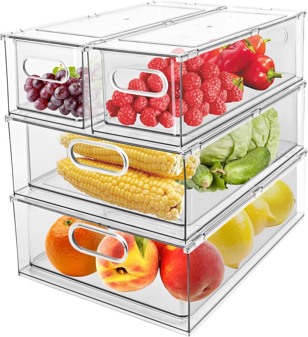 4 Pack Refrigerator Organizer Bins with Pull-out Drawer Stackable Clear Fridge Drawer Organizer Fruit Vegetable Storage Containers for Kitchen Pantry Organization (2 Large+2 Small)