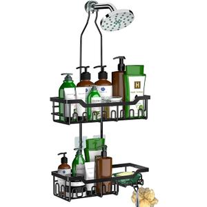 Shower Caddy Hanging Organizer, Extra Large Rack Over Showerhead with Hooks, Adjustable Height Shower Caddy for Big Shampoo Bottle, Black