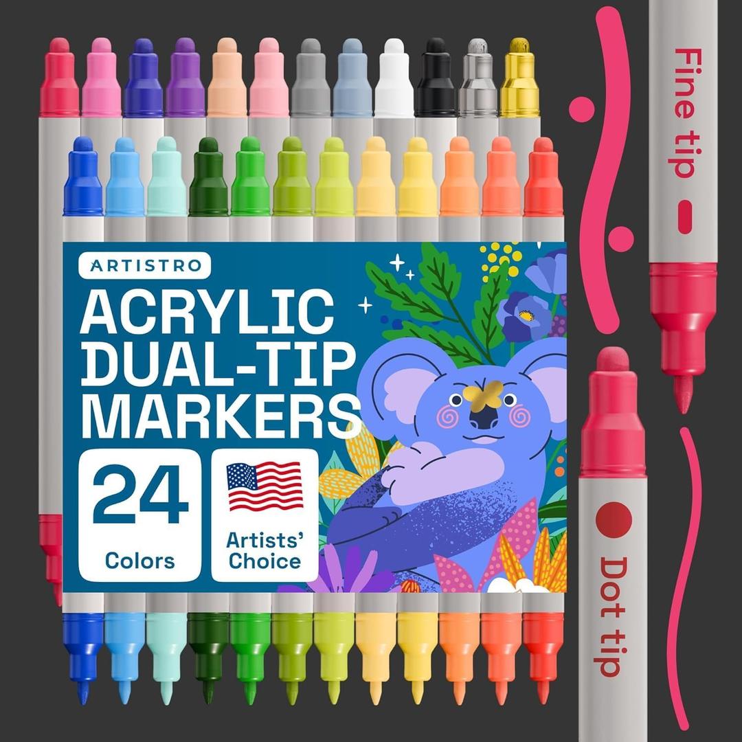 ARTISTRO 24 Dual Tip Acrylic Paint Markers, Acrylic Paint Pens, Fabric Markers for Textile, Rock, Glass, Wood, Paper, Ceramic, Canvas DIY Art Supplies Kit for Kids and Adults (Dual Tip Dot + Fine, 24)