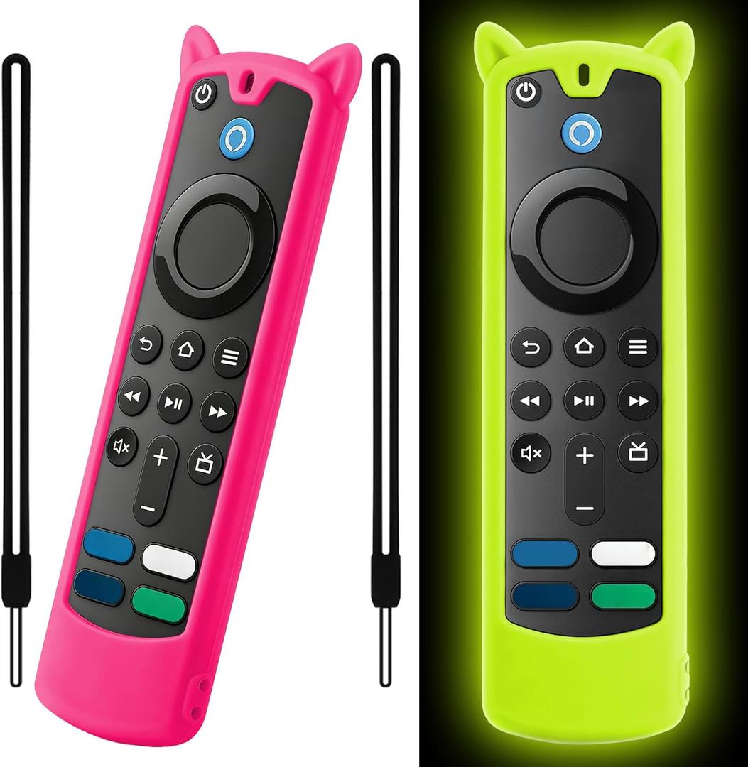 [2 Pack] Wevove Firestick Remote Cover Compatible with Alexa Voice Remote 4k/Lite (3rd Gen), Firesticktvs Remote Case with Wrist Strap, for Firetv Stick Cover Glow in The Dark (Glow Yellow&Rose Red)
