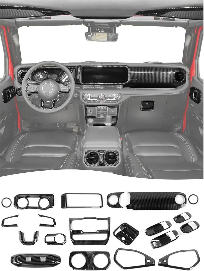 21Pcs Full Set Interior Decoration Trim Kit for Jeep Wrangler JL JLU Gladiator JT 2024+ Central Control Panel Reading Light Air Conditioning Vent Cover Trim, Carbon Fiber