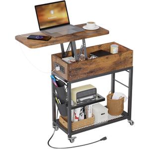 Colima Lift Top End Table with Charging Station and Wheels, Sofa Side Table with USB Port & AC Outlets, Movable Bedside Nightstand with Side Bag for Office Living Room Bedroom(Rustic Wood)