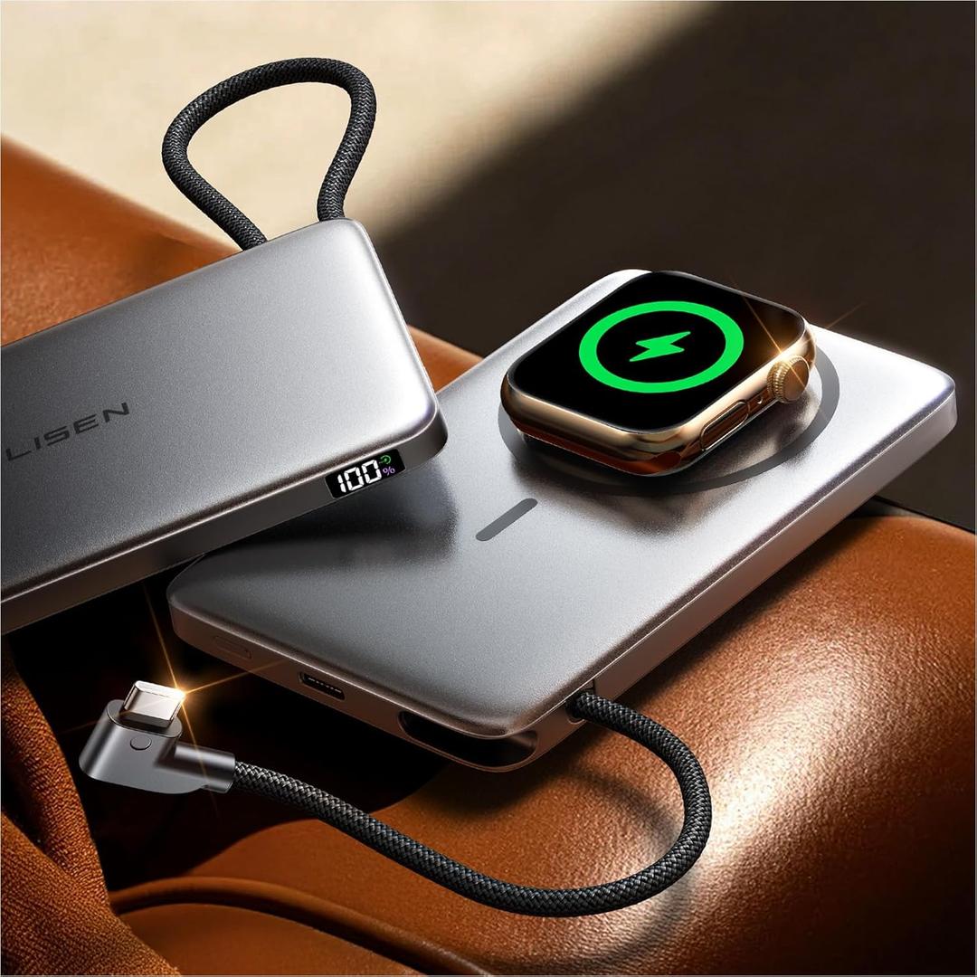 LISEN 0.5'' Ultra Slim MagSafe Power Bank for iPhone and Apple Watch,10000mAh MagSafe Battery Pack,Alloy Magnetic Portable Charger with Built in Cable for iPhone 16/15,Apple Watch S10/S9/S8/SE,Grey (Glacier Gray)