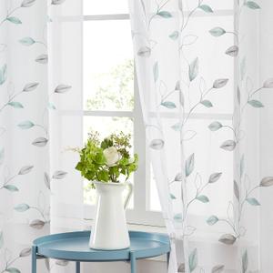 Bujasso Embroidered Leaf Sheer Curtains 63 inch Floral Farmhouse Light Filtering Window Panels Silver Metallic Botanical Patterned Gray Teal Sheer Drape for Living Room Bedroom Grommet Top 38"Wx63"Lx2