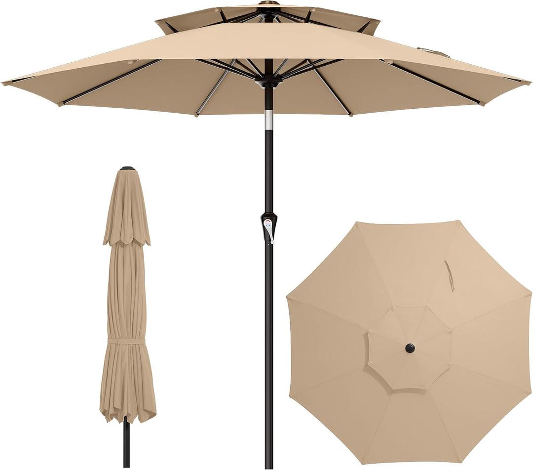 AreShark 10ft 2 Tiers Patio Umbrella - Outdoor Umbrella Waterproof UV Protection, Market Table Umbrella w/Push Button Tilt&Crank for Pool, Porch, Garden(Beige)
