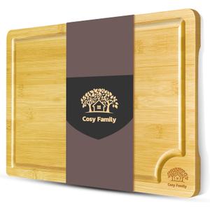 Cosy Family Wood Cutting Boards for Kitchen - XXL - Bamboo Cutting Boards with Juice Groove, Serving Board Set, Thick Chopping Board for Meat, Veggies, Easy to clean (Natural)