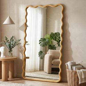 TRAHOME Wavy Mirror for Wall, 55"x28" Boho Wavy Wood Mirror Large Full Length Decorative Mirror with Tempered Glass, Natural Wooden Frame Vanity Mirror for Bedroom, Living Room, Entryway