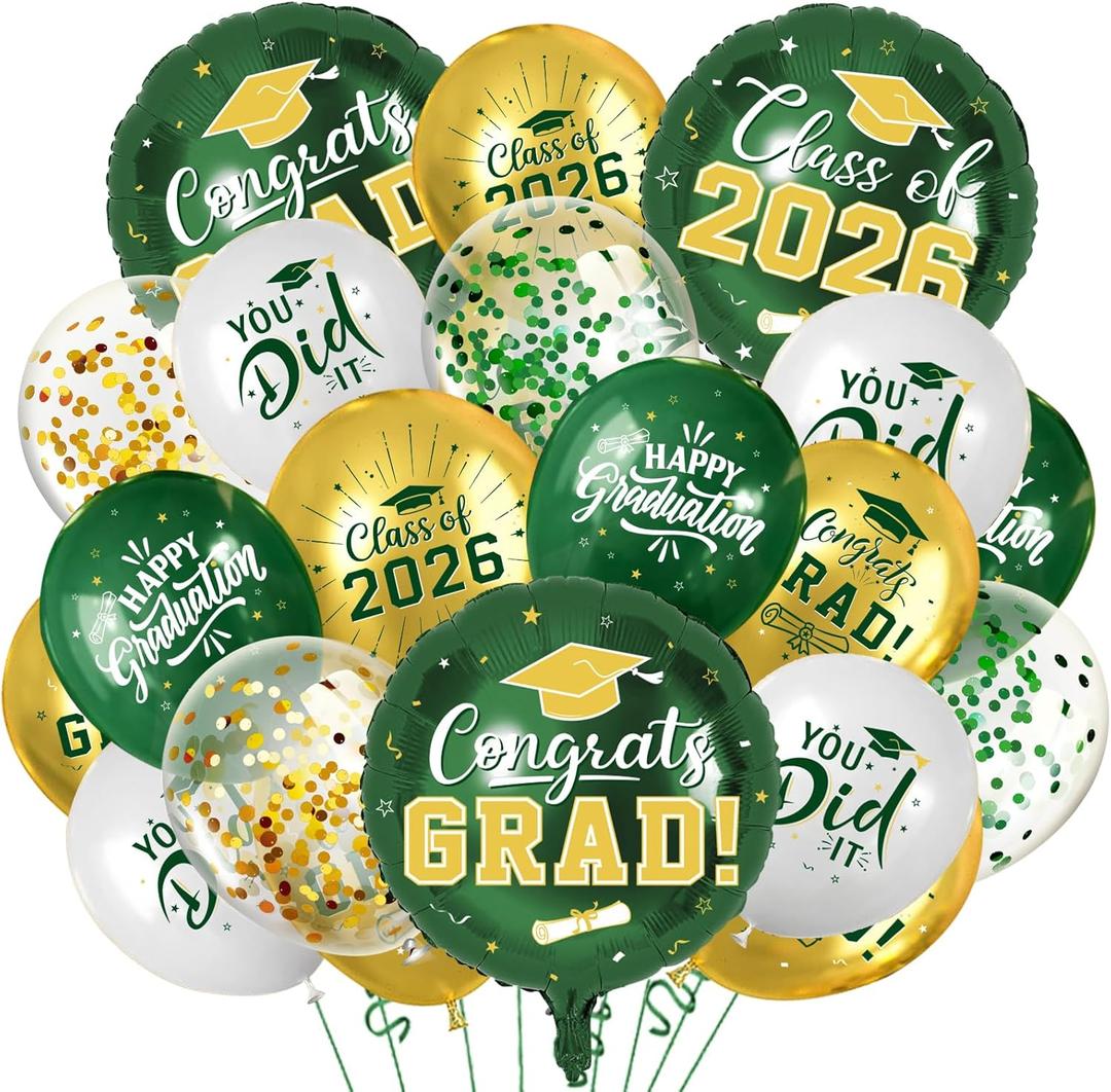 Green and Gold Graduation Balloons Graduation Decorations 2026, 51Pcs Grad Latex Balloons and Grad Foil Balloon with Confetti Ribbons Grad Party Decorations for College High School