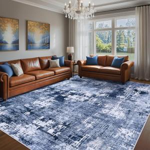 Area Rug Living Room Rugs - 10x12 Large Soft Indoor Neutral Modern Abstract Low Pile Washable Rug Carpet for Bedroom Dining Room Farmhouse Home Office - Navy Blue